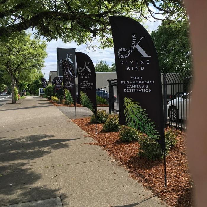 Divine Kind Cannabis Dispensary Feather Roadside Flags Ground Stake Capitol Hwy 1 - dye sublimated