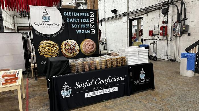 Sinful Confections Portland Night Market Booth Setup - dye sublimated