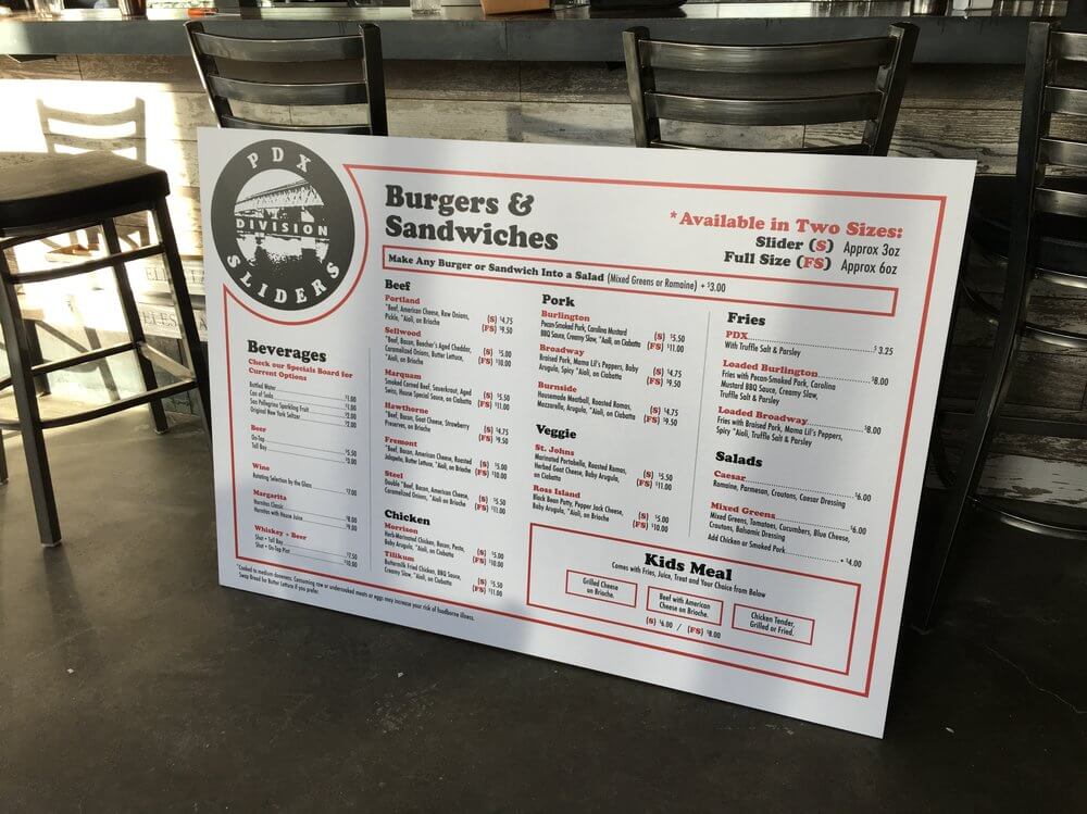 Pdx Sliders Indoor Restaurant Menu Sign - outdoor & retail signs